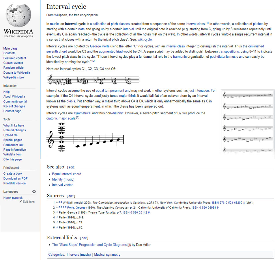WikiPedia mentions Dan Adler's Cycles article in two entries: Interval Cycle and Coltrane Changes. 
